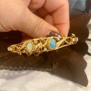 Vintage Opal And Diamond Hinged Bracelet in 14k yellow gold
